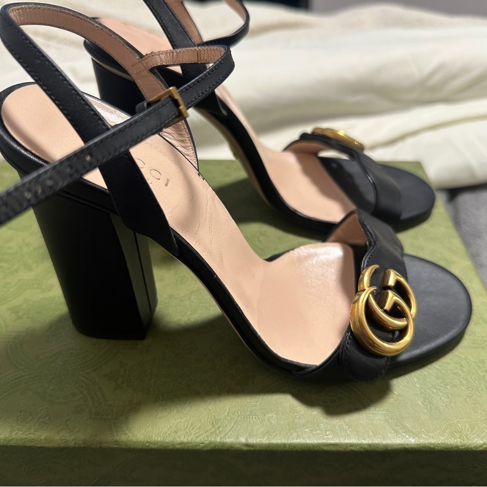 Gucci Black and Gold Heeled Sandals